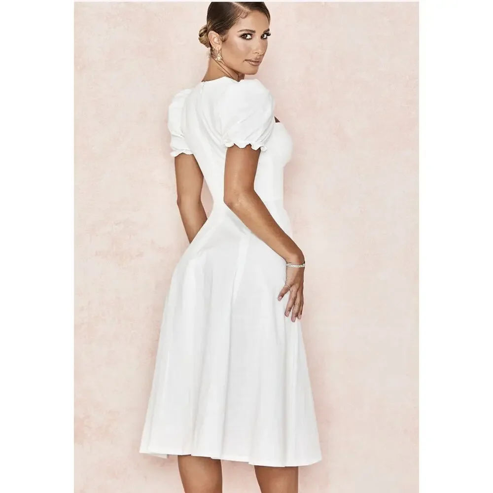 House of CB Ellery White linen blend puff sleeve midi sundress - Picture 2 of 7